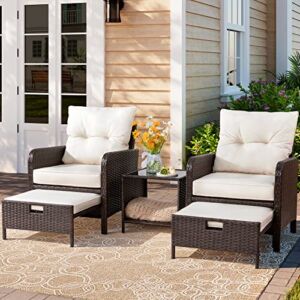 Vongrasig 5 Piece Wicker Patio Furniture Set, All Weather PE Wicker Rattan Outdoor Chair and Ottoman Set, Small Cushioned Patio Chairs with Ottoman Underneath for Lawn Garden Backyard (Beige)