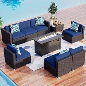 Sophia & William 9 PCS Patio Furniture Set with 45-Inch Gas Fire Pit Table PE Wicker Rattan Patio Conversation Set Outdoor Sectional Sofa W/Coffee Table, CSA Approved Propane Fire Pit, Navy Blue