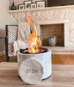 Stonhome Tabletop Fire Pit Bowl – The Original Marble Portable Fireplace, Indoor Outdoor, Mini Fire Pit Clean Burning Real Flame for Patio Balcony, S’Mores Maker (White)