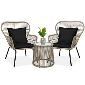 Best Choice Products 3-Piece Patio Conversation Bistro Set, Outdoor All-Weather Wicker Furniture for Porch, Backyard w/ 2 Wide Ergonomic Chairs, Cushions, Glass Top Side Table – Natural/Black