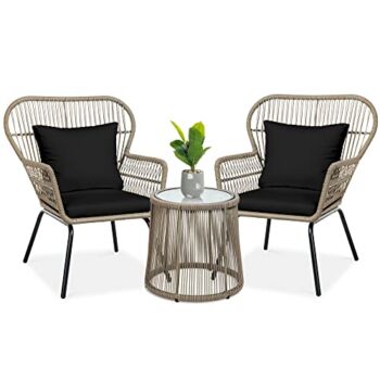 Best Choice Products 3-Piece Patio Conversation Bistro Set, Outdoor All-Weather Wicker Furniture for Porch, Backyard w/ 2 Wide Ergonomic Chairs, Cushions, Glass Top Side Table – Natural/Black | The Storepaperoomates Retail Market - Fast Affordable Shopping