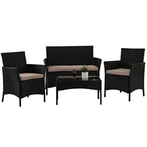 4 Pieces Patio Furniture Set Rattan Outside Furniture Wicker Sofa Garden Conversation Sets with Soft Cushion and Glass Table for Yard Pool or Backyard,Black