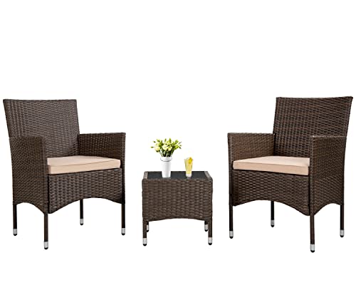 3-Piece Outdoor Wicker Conversation Bistro Set Outdoor Patio Porch Furniture Sets for Yard, Garden with 2 PE Rattan Wicker Chairs, 2 Cushions,1 Coffee Table | The Storepaperoomates Retail Market - Fast Affordable Shopping