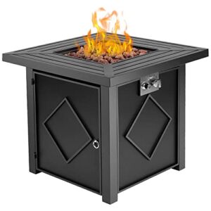 hOmeHua Propane Fire Pit Table, 28 inch Square Auto-Ignition Outdoor Gas Firepit with Cover and Lava Rock, Thick & Strong Striped Steel Tabletop, 2 in 1 Fire Table for Patio/Backyard/Party/Deck -Black