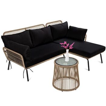 Best Choice Products Outdoor Rope Woven Sectional Patio Furniture L-Shaped Conversation Sofa Set for Backyard, Porch w/Thick Cushions, Detachable Lounger, Side Table – Natural/Black | The Storepaperoomates Retail Market - Fast Affordable Shopping