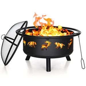 Sophia & William 36″ Wood Burning Outdoor Fire Pit Round, Large Steel Firepit with Spark Screen Lid Fire Poker and Built-in Log Grate for Outside Patio Bonfire Backyard, Black