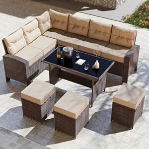 Kullavik 7 Piece Outdoor Patio Furniture Set All-Weather Wicker Rattan Sofa Set Outdoor Sectional Conversation Set with 3 Loveseats,1 Dining Table and 3 Footrests
