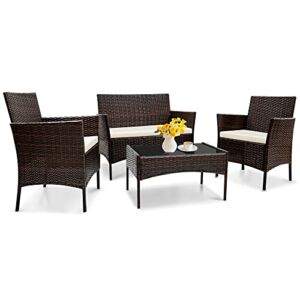 4 Piece Outdoor Patio Furniture Set, All-Weather Rattan Weaving Wicker Armchairs with Glass Coffee Table and Thick Cushions, Sectional Patio Sofa Set for Garden Balcony Pool or Backyard, Nut Brown