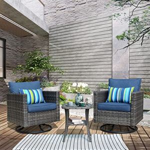 OVIOS Patio Bistro Set 3 Pieces Outdoor Swivel Rocking Chairs 360 Degree Rotating Wicker Chairs with Table for Porch, Deck, Garden, Balcony (Denim Blue)