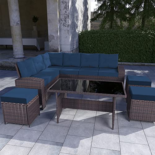 Gotland 7 Pieces Wicker Patio Furniture Set Outdoor Rattan Sofa Set All Weather with Dining Table & Ottomans Soft Cushions for Backyard Garden Poolside Balcony Sectional Conversation Couch Set | The Storepaperoomates Retail Market - Fast Affordable Shopping