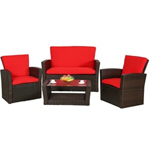 Patio Furniture Sets 4 Piece Rattan Chair Patio Sofas Wicker Sectional Sofa Outdoor Conversation (Brown and Red)