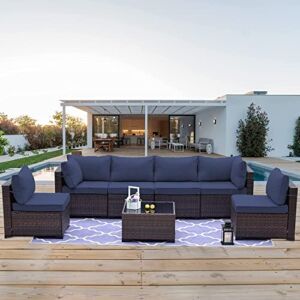 Kullavik 7 Pieces Outdoor Patio Furniture Set Outdoor Sectional Rattan Sofa Set Brown Manual Wicker Patio Conversation Set with Navy Blue Cushions,1 Tempered Glass Tea Table and Cushions Covers