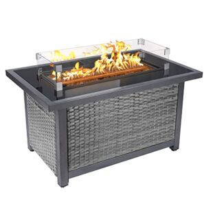 44inch Outdoor Propane Fire Pit Table, 50000 BTU Auto-Ignition Wicker Rattan Patio Gas Fire Pit with Wind Guard, Tempered Glass Tabletop and Glass Beads, ETL Certification, Grey