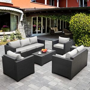 5-Piece Patio Furniture Sofa Set Outdoor Wicker Sectional Couch with Storage Table No-Slip Cushions Furniture Covers, Grey