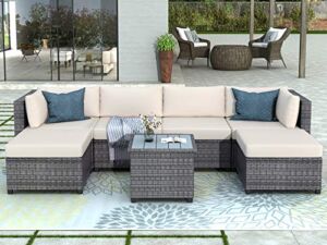 7 Pieces Wicker Patio Furniture Set, Rattan Outdoor Sectional Sofa, Patio Couch Conversation Sets with Wood Table and Ottomans, Grey & Beige