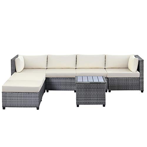 7 Pieces Wicker Patio Furniture Set, Rattan Outdoor Sectional Sofa, Patio Couch Conversation Sets with Wood Table and Ottomans, Grey & Beige | The Storepaperoomates Retail Market - Fast Affordable Shopping