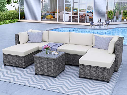 7 Pieces Wicker Patio Furniture Set, Rattan Outdoor Sectional Sofa, Patio Couch Conversation Sets with Wood Table and Ottomans, Grey & Beige | The Storepaperoomates Retail Market - Fast Affordable Shopping
