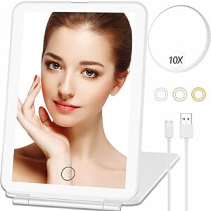 Mecion Makeup Mirror with 10X Magnifying Mirror, Vanity Mirror with 80 LED Lights, Compact LED Mirror, Portable Cosmetic Mirror with 3 Color Lights, Travel Accessories for Women (White)