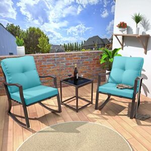 Kullavik 3 Piece Patio Bistro Sets Outdoor Rocking Chairs Modern Patio Furniture Set Outdoor Conversation Set with Coffee Table & 2 Blue Thickened Cushions