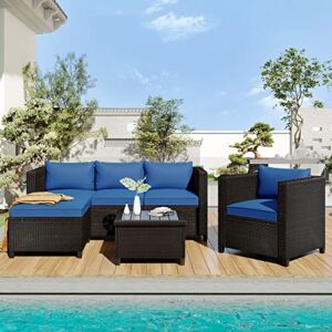 5 Pieces Outdoor Sectional Sofa, Wicker Patio Furniture Sets, PE Rattan Patio Conversation Sets with Cushions and Wood Table, Brown & Blue