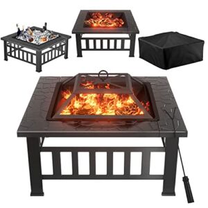 Greesum Multifunctional Patio Fire Pit Table, 32in Square Metal BBQ Firepit Stove Backyard Garden Fireplace with Spark Screen Lid and Rain Cover for Camping, Outdoor Heating, Bonfire and Picnic, Black