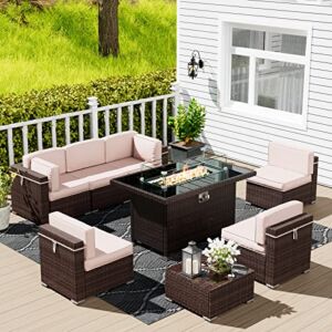 UDPATIO 8 Piece Patio Furniture Sets with Gas Fire Pit Table, Outdoor Patio Furniture Sofa Sectional w/Glass Top Fire Pit, Coffee Table, 2 Waterproof Covers,for Patio Back Deck, Poolside,Khaki