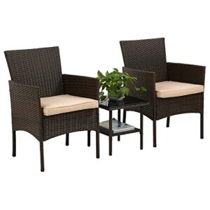 3 Piece Outdoor Furniture Set Patio Bistro Conversation Set Brown Wicker Chairs Furniture 2 Rattan Chairs with Khaki Cushions and Glass Coffee Table for Porch Lawn Garden Balcony Backyard