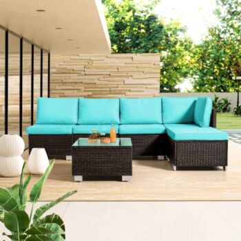 Topfaia Modular Patio Furniture Set, 6-Piece Outdoor Sectional Couch, Rattan Wicker Patio Conversation Furniture Sets with Glass Table & Cushion, All Weather Patio Furniture (Turquoise) | The Storepaperoomates Retail Market - Fast Affordable Shopping