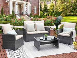 NATURAL EXPRESSIONS 4 Piece Patio Furniture Set,Outdoor Furniture Gray Wicker Sectional Sofa Conversation Set with Rattan Loveseat Couch, Cushions & Coffee Table for Balcony, Backyard, Porch, Deck