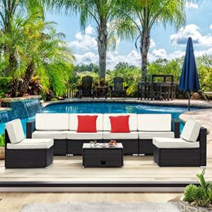 Arlopu 7Pieces Patio Wicker Furniture Set, Outdoor All-Weather PE Rattan Sectional Sofa Couch Set, Outside Conversation Set w/Washable Cushion, Glass Tea Table&2 Pillows, for Yard, Poolside