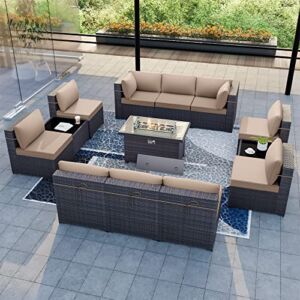 Delnavik Patio Furniture Set with Fire Pit Table 13 PCS Outdoor Sectional Furniture Outdoor Rattan Patio Conversation Sets with 43in 55,000 BTU Propane Gas Fire Pit Table Glass Table, Sand