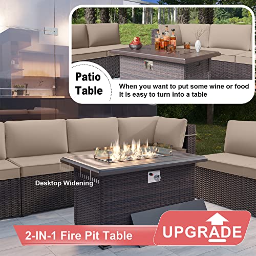 Delnavik Patio Furniture Set with Fire Pit Table 13 PCS Outdoor Sectional Furniture Outdoor Rattan Patio Conversation Sets with 43in 55,000 BTU Propane Gas Fire Pit Table Glass Table, Sand | The Storepaperoomates Retail Market - Fast Affordable Shopping