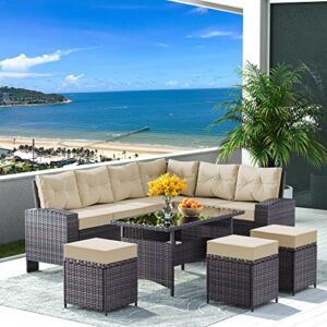 ASJMR 7 Pieces Outdoor Patio Furniture Set with Dining Table Outdoor Dining Set Sectional Sofa Brown Rattan Patio Conversation Set with Brown Cushions and 3 Ottomans