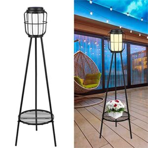 36″ Metal Solar Floor Lamp with Plant Stand, Solar Lantern Outdoor Waterproof for Yard Deck Porch Patio Decor