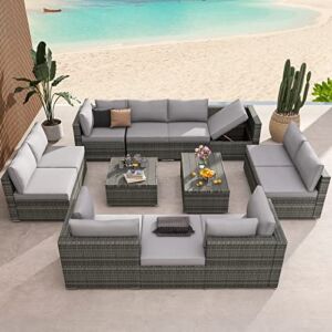 GYUTEI 13 Pieces Patio Furniture Set Sectional Rattan Sofa Set with 7 Positions Adjustable Bracket,All-Weather Wicker Conversation Set with 2 Coffee Tables for Garden, Backyard, Deck(Grey)