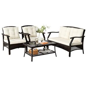 Tangkula 4 Pieces Outdoor Rattan Furniture Set, Patiojoy Outdoor Wicker Sofa Set with Tempered Glass Coffee Table, Loveseat, 2 Single Sofas, Sectional Sofa Set with Waterproof Cover