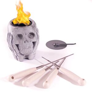 WEYLAND Tabletop Skull Fire Pit Bowl with Roasting Sticks – Halloween Decoration Decor Fireplace Indoor / Outdoor Personal Portable Table Top Smores Maker Firepit – Concrete Bonfire Alcohol Fuel
