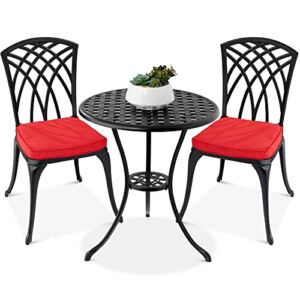 Best Choice Products 3-Piece Bistro Set, Aluminum Outdoor Dining Furniture Set for Patio, Porch, Backyard w/Umbrella Hole, 2 Chairs, 2 Cushions, Polyester Fabric – Black/Red