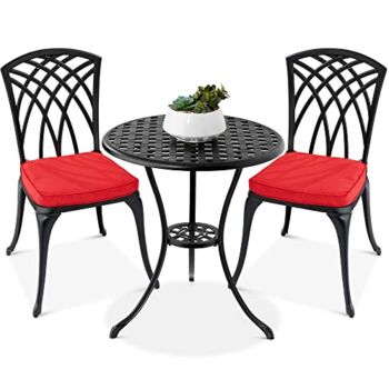 Best Choice Products 3-Piece Bistro Set, Aluminum Outdoor Dining Furniture Set for Patio, Porch, Backyard w/Umbrella Hole, 2 Chairs, 2 Cushions, Polyester Fabric – Black/Red | The Storepaperoomates Retail Market - Fast Affordable Shopping