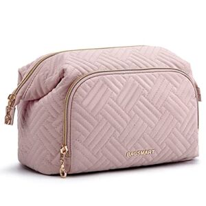 Travel Makeup Bag,BAGSMART Cosmetic Bag Make Up Organizer Case,Large Wide-open Pouch for Women Purse for Toiletries Accessories Brushes (Pink)