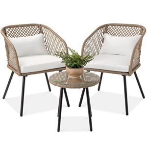 Best Choice Products 3-Piece Outdoor Wicker Bistro Set, Patio Dining Conversation Furniture for Backyard, Balcony, Porch w/Diamond Weave Design, Tempered Glass Side Table, 2 Chairs – Ivory