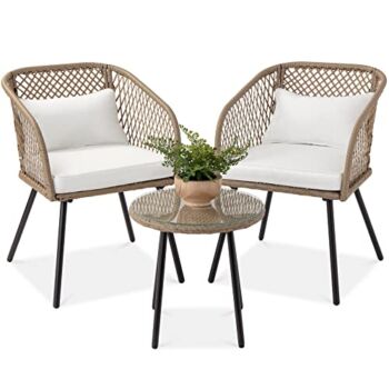 Best Choice Products 3-Piece Outdoor Wicker Bistro Set, Patio Dining Conversation Furniture for Backyard, Balcony, Porch w/Diamond Weave Design, Tempered Glass Side Table, 2 Chairs – Ivory | The Storepaperoomates Retail Market - Fast Affordable Shopping