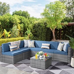 Shintenchi 7 Pieces Outdoor Patio Sectional Sofa Couch, Silver Gray PE Wicker Furniture Conversation Sets with Washable Cushions & Glass Coffee Table for Garden, Poolside, Backyard (Aegean Blue)