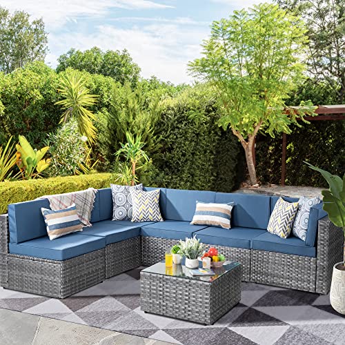 Shintenchi 7 Pieces Outdoor Patio Sectional Sofa Couch, Silver Gray PE Wicker Furniture Conversation Sets with Washable Cushions & Glass Coffee Table for Garden, Poolside, Backyard (Aegean Blue) | The Storepaperoomates Retail Market - Fast Affordable Shopping