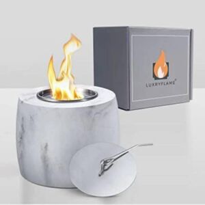 LUXRYFLAME White Marble Tabletop Fire Pit – Bohemian Portable Fire Pit with Burn Cup, Cotton Burning Material & Fire Snuffer – Rustic & Minimalist Stainless Steel Fire Bowl for Dinner Parties – 5x5x4