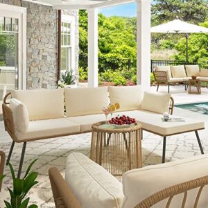YITAHOME 3 Pieces Patio Furniture Set, Rope Woven Sectional L-Shaped Sofa for Patio Backyard Poolside, Wicker Conversation Set with Cushions, Detachable Lounger, Side Table – Beige