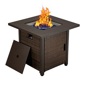 28 Inch Outdoor Fire Pit Table , 50,000 BTU Wicker Patio Fire Pit Table,Faux Wood Tabletopt, Outside Garden Backyard Deck Patio by HANLIKO-Brown