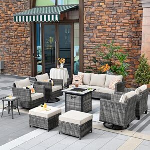 OVIOS Patio Furniture Set 9 PCS Outdoor Wicker Rocking Swivel Chairs Sectional Sofa Set with Fire Pit Table High Back Rattan Sofa for Yard Garden Porch (Beige-Grey)