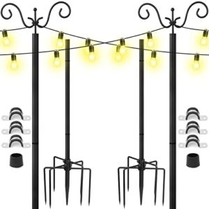 Outdoor String Light Poles Stand – 2 Pack Poles for Hanging Outside String Lights – 9 FT Adjustable Metal String Light Pole Stakes with Hooks for Patio Fence Garden Deck Bistro Backyard
