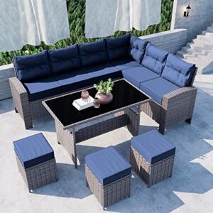Delnavik 7 Piece Patio Furniture Set, Dining Table with Chair All Weather Rattan Wicker Outdoor Furniture Sectional Sofa Conversation Set with Cushion Seat&Pillows, Navy Blue